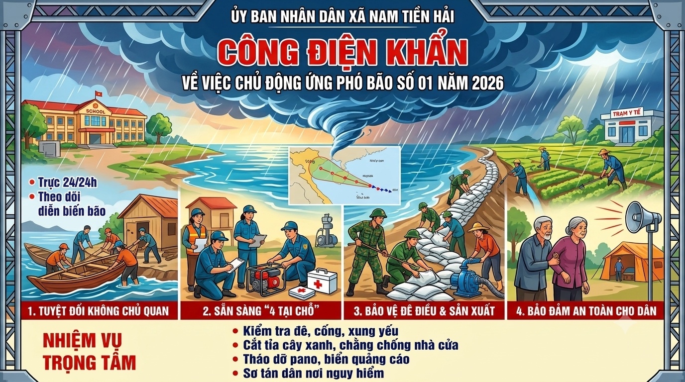 CÔNG ĐIỆN VỀ VIỆC CHỦ ĐỘNG ỨNG PHÓ VỚI BÃO SỐ 01 NĂM 2026 CỦA CHỦ TỊCH UBND XÃ NAM TIỀN HẢI