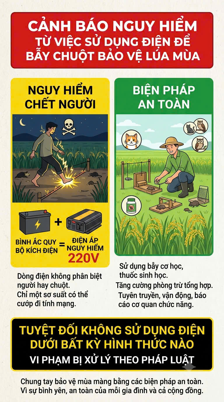 CẢNH BÁO NGUY HIỂM TỪ VIỆC SỬ DỤNG ĐIỆN ĐỂ BẪY CHUỘT BẢO VỆ LÚA MÙA