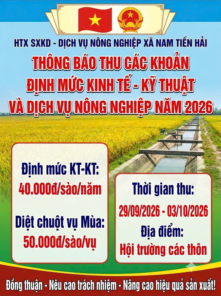 THÔNG BÁO của Hợp tác xã Kinh doanh Dịch vụ nông nghiệp về việc thực hiện các khoản thu và định mức kinh tế - kỹ thuật năm 2026