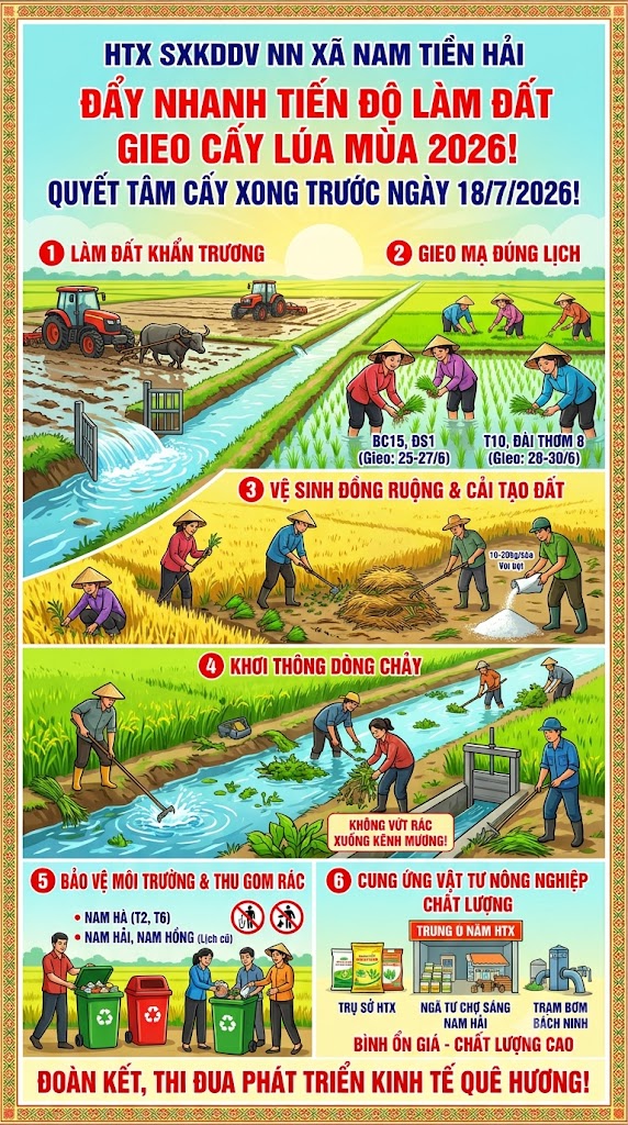 THÔNG BÁO V/v: Đẩy nhanh tiến độ làm đất gieo cấy lúa mùa và kết quả triển khai một số khâu dịch vụ của HTXSXKD – DVNN xã Nam Tiền Hải