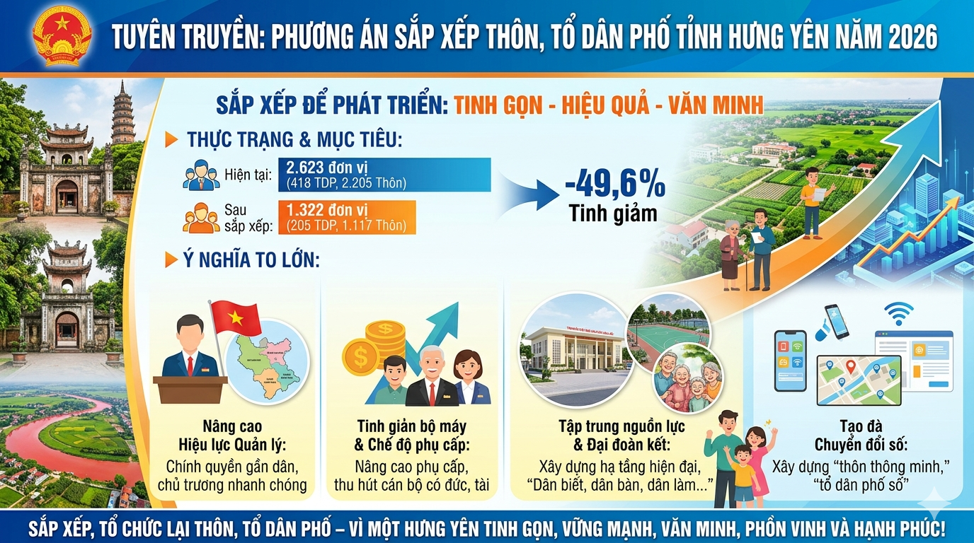 BÀI TUYÊN TRUYỀN: VỀ VIỆC TRIỂN KHAI PHƯƠNG ÁN  TỔNG THỂ  SẮP XẾP, TỔ CHỨC LẠI THÔN, TỔ DÂN PHỐ TRÊN ĐỊA BÀN TỈNH HƯNG YÊN NĂM 2026