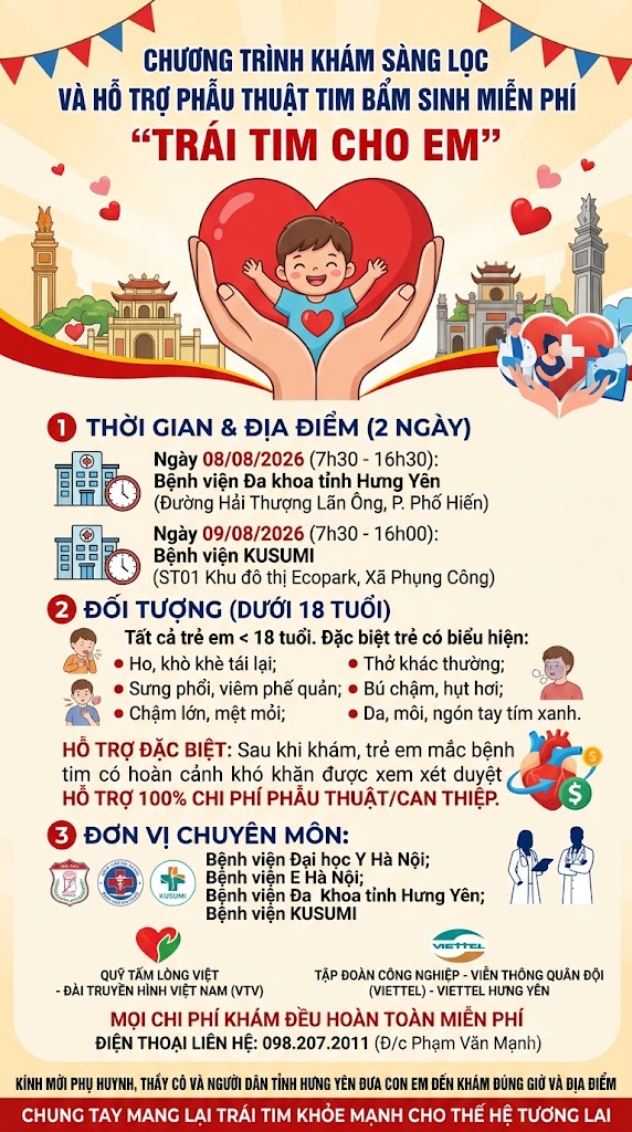 CHƯƠNG TRÌNH KHÁM SÀNG LỌC VÀ HỖ TRỢ PHẪU THUẬT TIM BẨM SINH MIỄN PHÍ "TRÁI TIM CHO EM" TẠI HƯNG YÊN