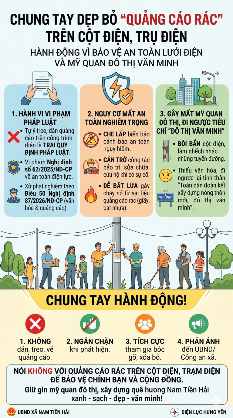 BÀI TUYÊN TRUYỀN: CHUNG TAY DẸP BỎ QUẢNG CÁO RÁC TRÊN CỘT ĐIỆN, TRỤ ĐIỆN: HÀNH ĐỘNG VÌ BẢO VỆ AN TOÀN LƯỚI ĐIỆN VÀ MỸ QUAN ĐÔ THỊ VĂN MINH