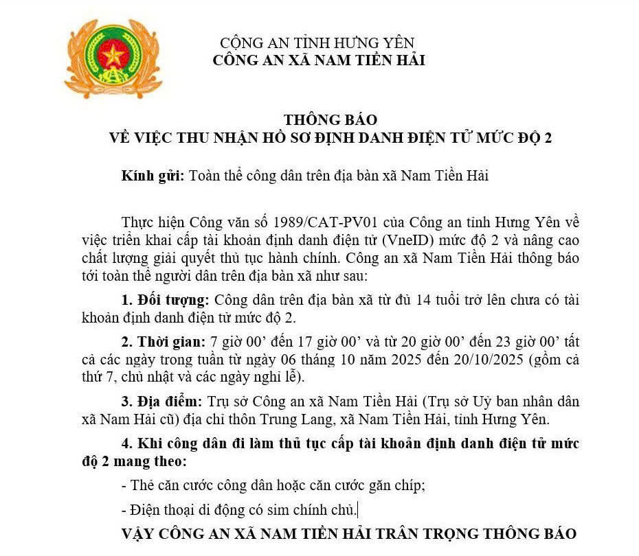 Thông báo của Công An xã Nam Tiền Hải về việc thu nhận hồ sơ định đanh điện tử mức độ 2