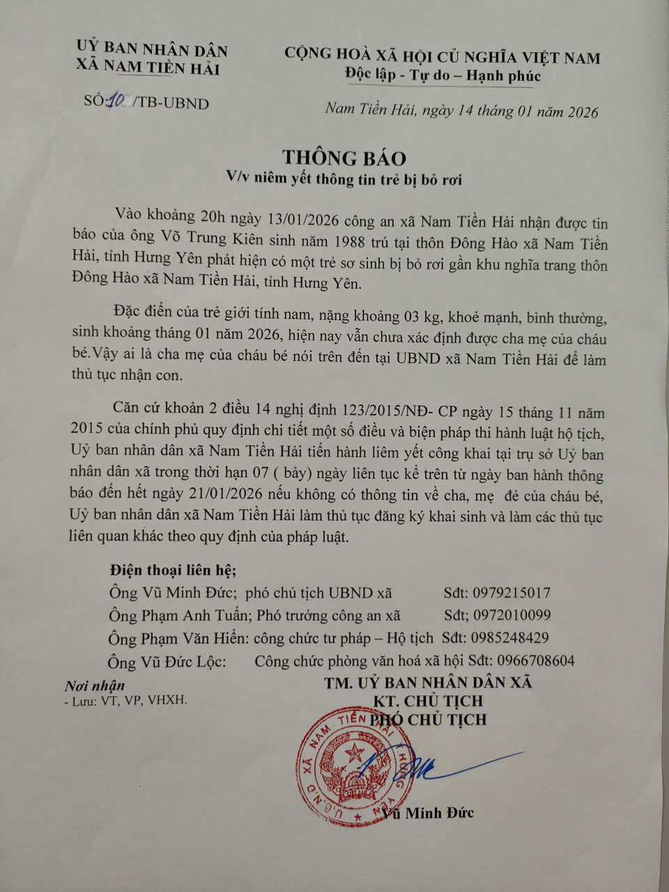 THÔNG BÁO NIÊM YẾT THÔNG TIN TRẺ BỊ BỎ RƠI