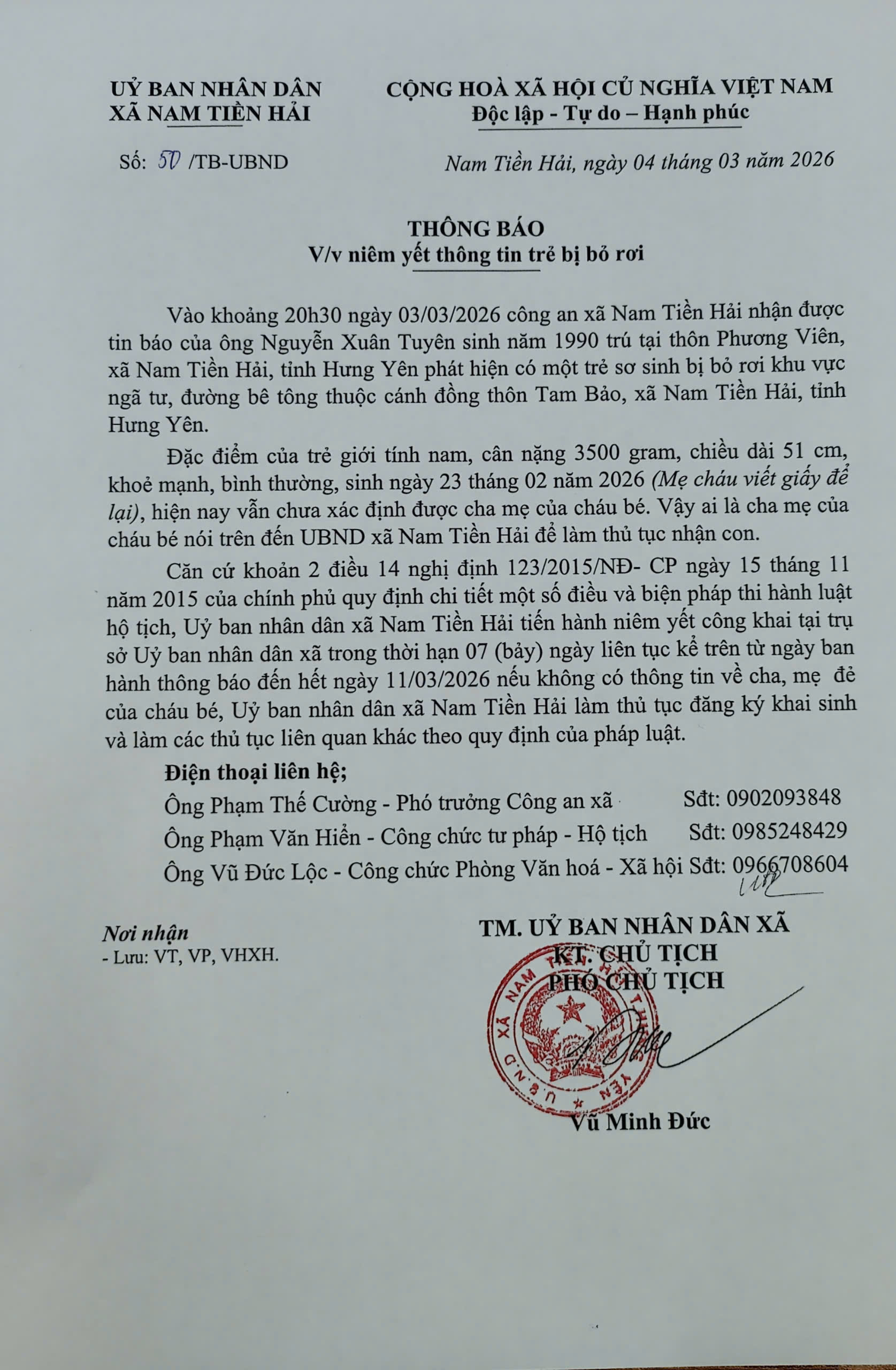 THÔNG BÁO NIÊM YẾT THÔNG TIN TRẺ BỊ BỎ RƠI