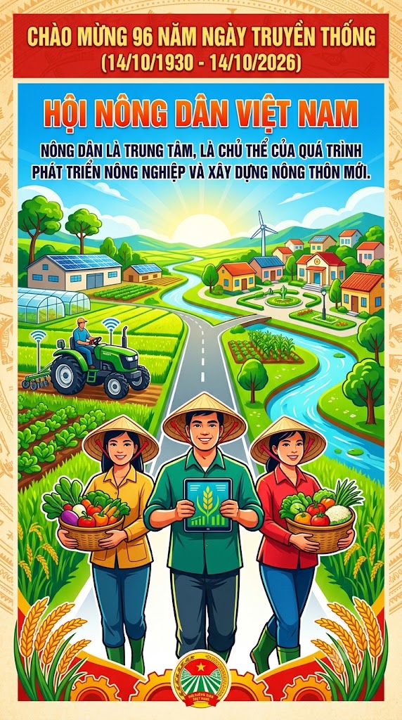 KỶ NIỆM 96 NĂM NGÀY TRUYỀN THỐNG HỘI NÔNG DÂN VIỆT NAM (14/10/1930 - 14/10/2026) NÔNG DÂN LÀ TRUNG TÂM, LÀ CHỦ THỂ CỦA QUÁ TRÌNH PHÁT TRIỂN NÔNG NGHIỆP VÀ XÂY DỰNG NÔNG THÔN MỚI."